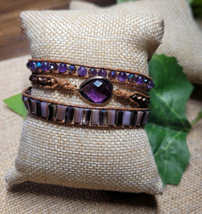 Amethyst Natural Stone and leather cord 3 Wrap Bracelet