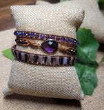 Amethyst Natural Stone and leather cord 3 Wrap Bracelet