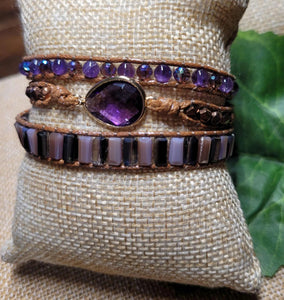 Amethyst Natural Stone and leather cord 3 Wrap Bracelet