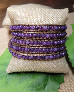 4mm Beaded Amethyst 5 Layer Wrap Leather Bracelet