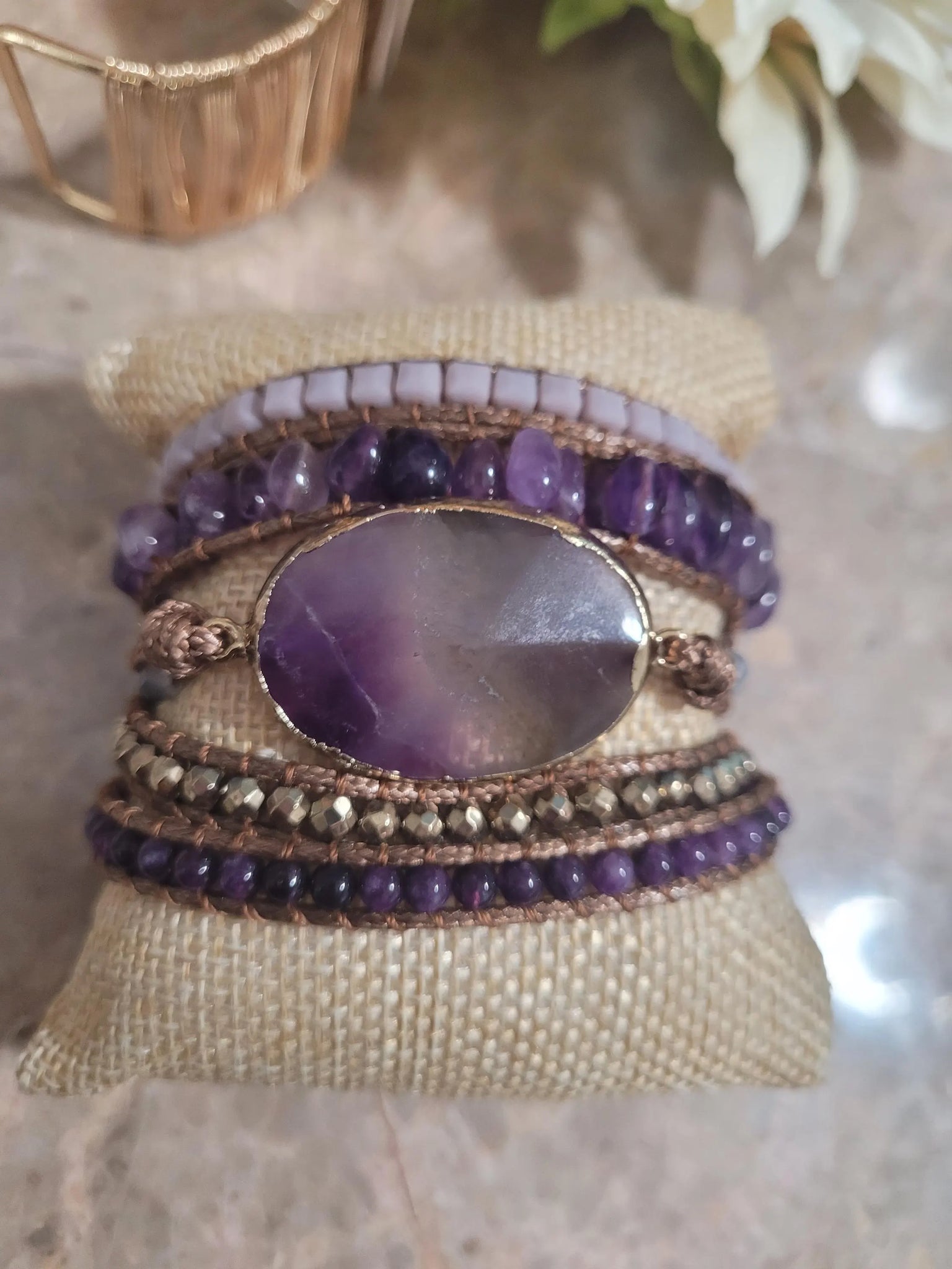 Amethyst Natural Stone and leather cord Wrap Bracelet