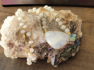 Beaded Rainbow Moonstone Crescent Necklace