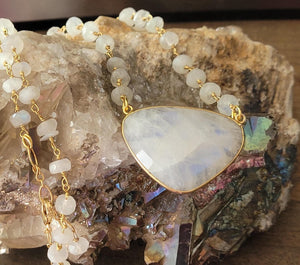 Beaded Rainbow Moonstone Crescent Necklace