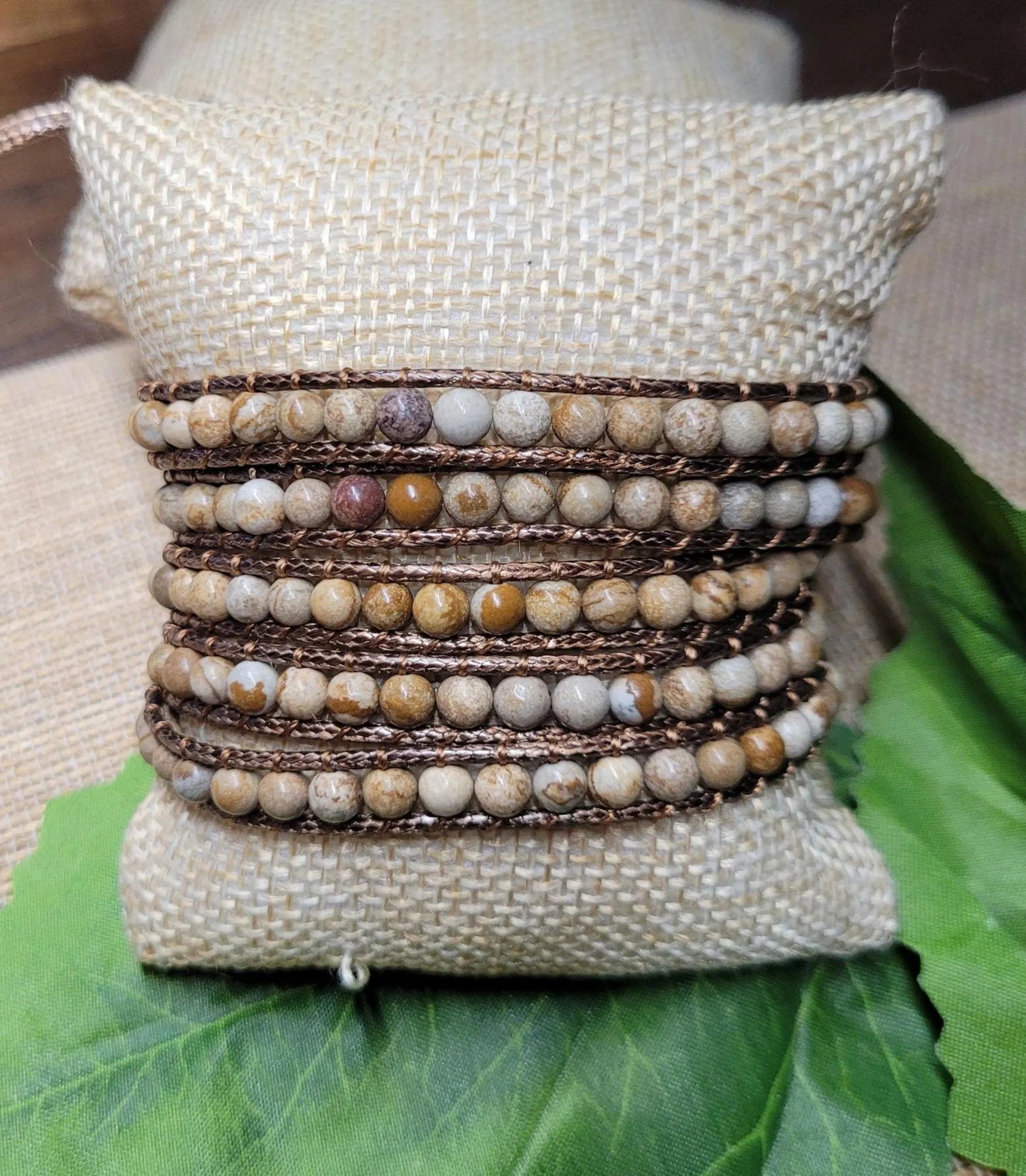 4mm Beaded Sandstone Jasper 5 layer leather wrap bracelet