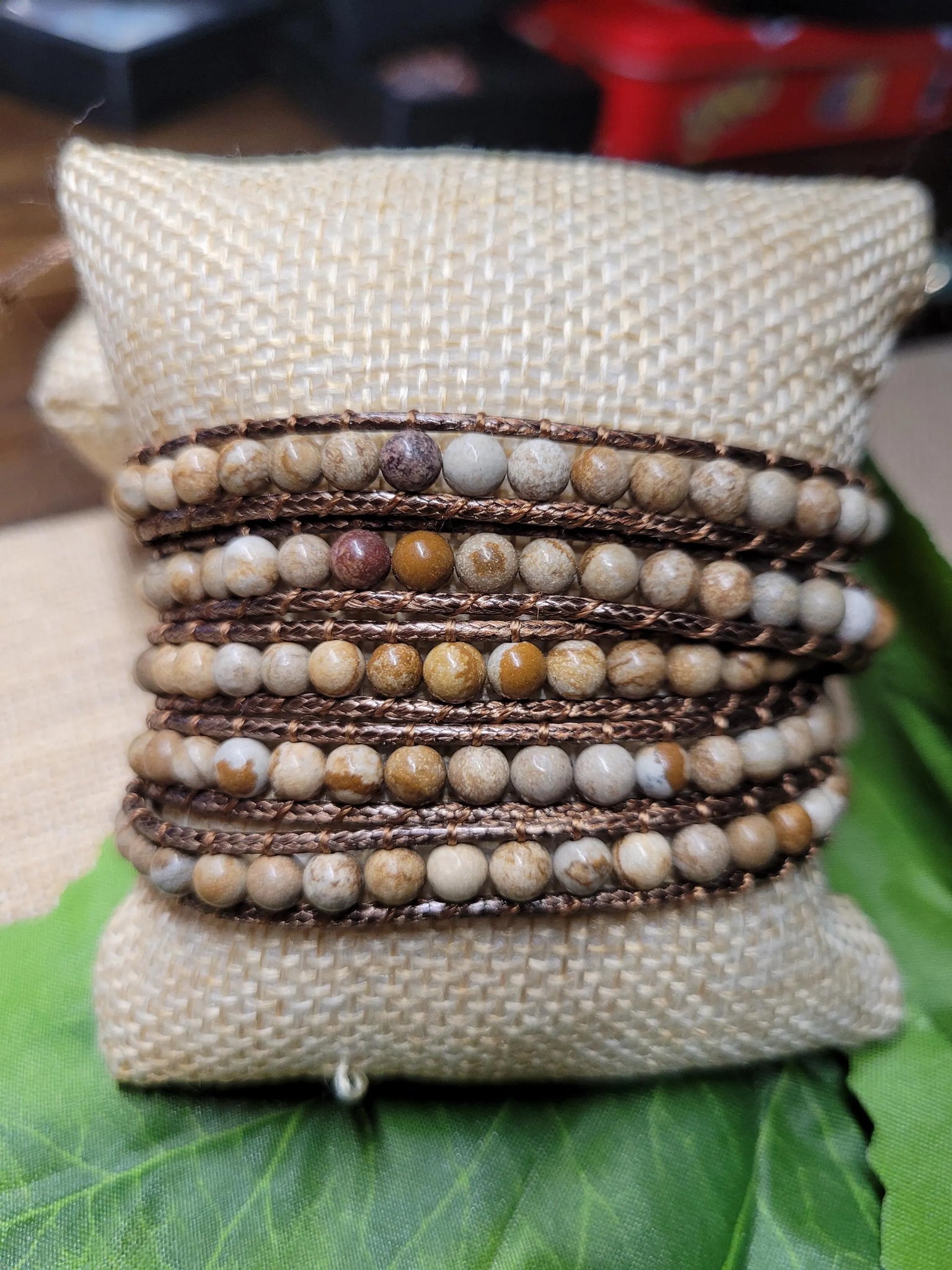 4mm Beaded Sandstone Jasper 5 layer leather wrap bracelet