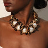 Cheetah Print Scarf Necklace with Oversized Pearl Accents.