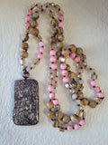 Long Pink Rhodonite Rectangular Pendant Necklace