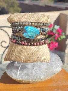 Natural Teal Blue Flash Labradorite Natural Stone Wrap Bracelet