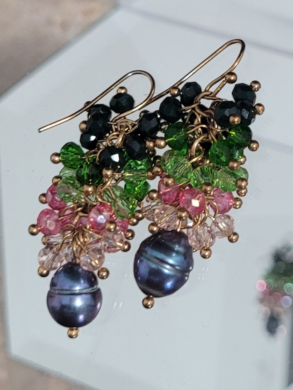 Cluster Crystal and Natural Black Pearl Earring