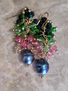 Cluster Crystal and Natural Black Pearl Earring