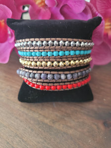 4mm Beaded multi color Leather Wrap Bracelet