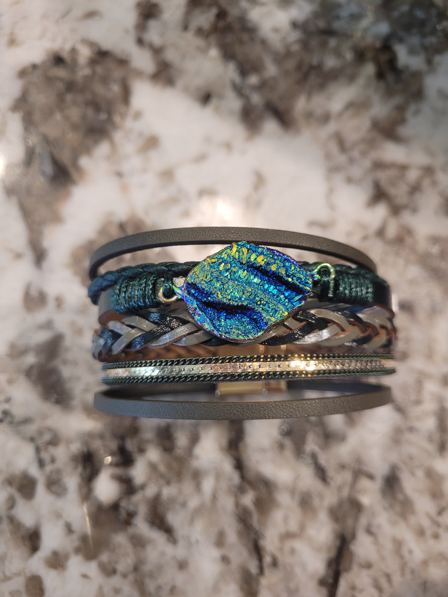 Magnetic Clasp Multiple Strand Leather Geode Cuff Bracelet-Green