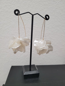 White Petal Floral Ball Long Drop Earrings