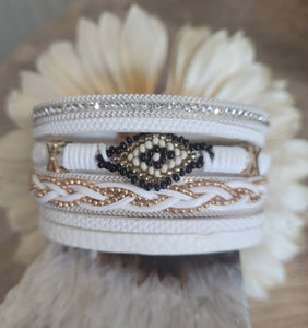 Magnetic Clasp Multiple Strand Leather Tribal Style Cuff - White
