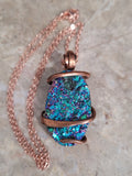 Teal Blue Rainbow Titanium Aura Oval Wire Wrap Sterling Silver