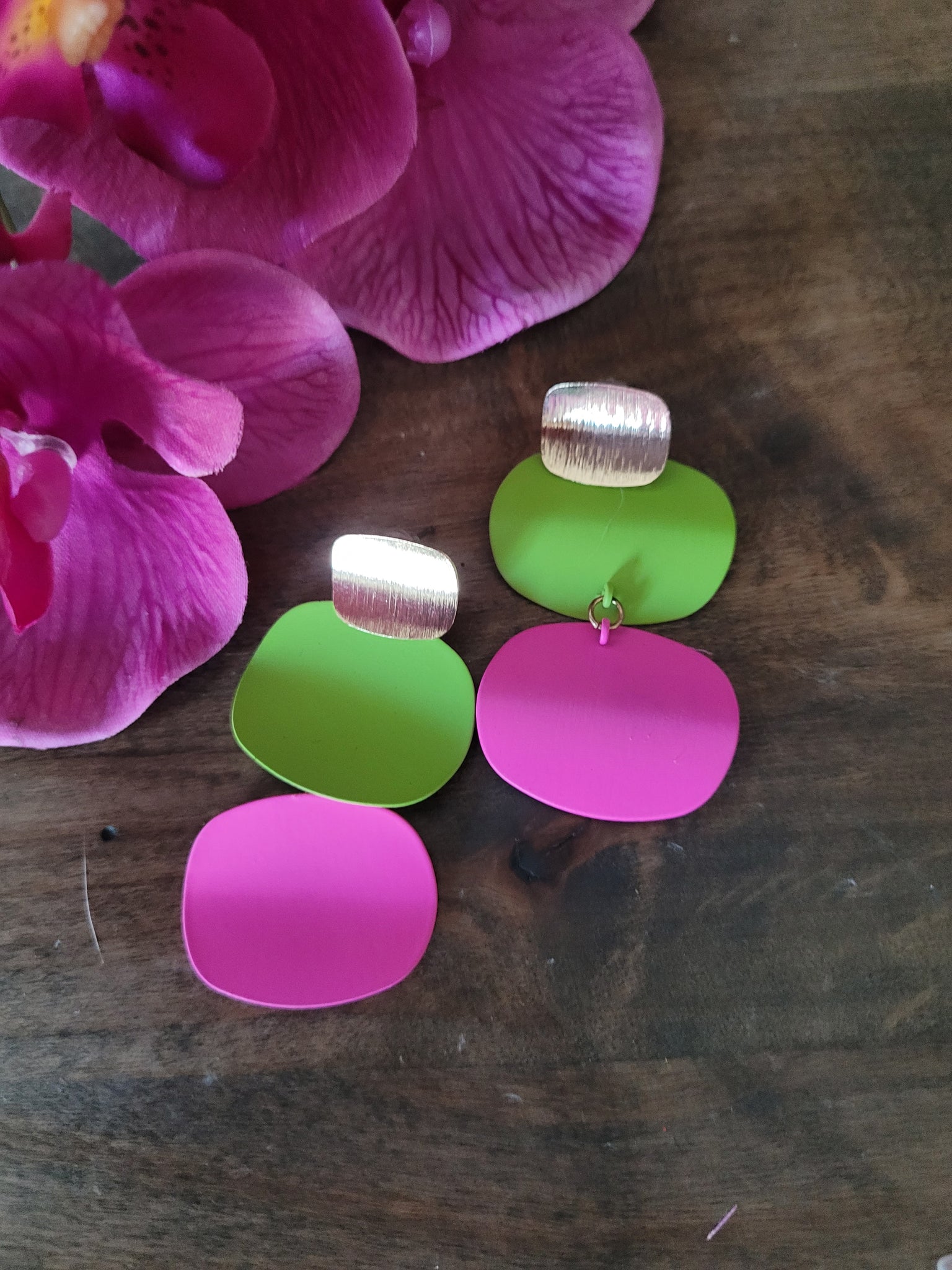 Neon Pink & Green Retro Dangle Earrings