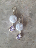 White Coin Pearl and faceted Amethyst drop earrings