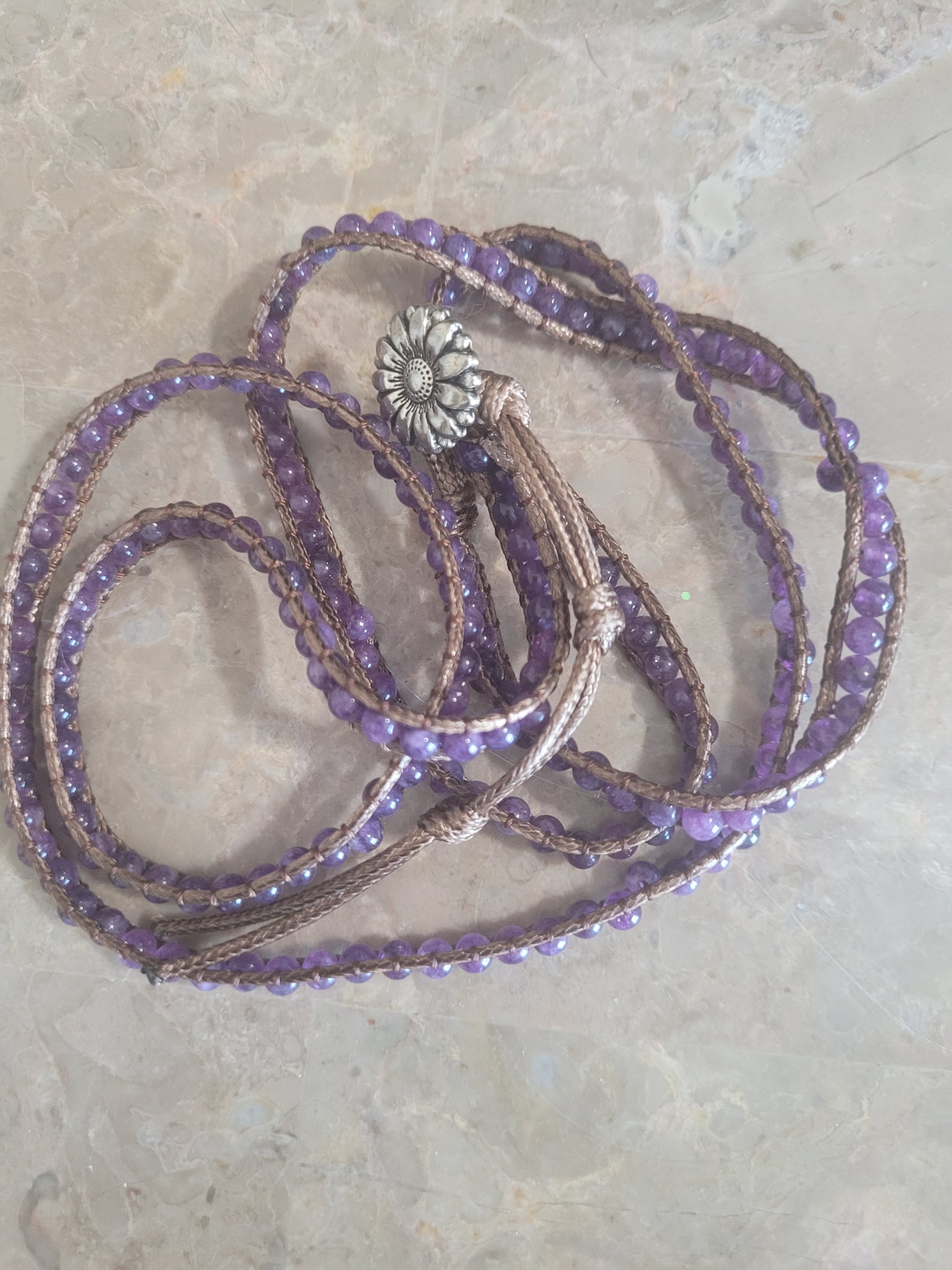 4mm Beaded Amethyst 5 Layer Wrap Leather Bracelet