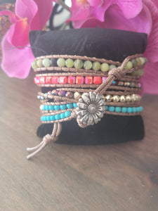 Rainbow colored Quartz 5 wrap Leather Bracelet