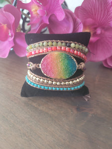 Rainbow colored Quartz 5 wrap Leather Bracelet