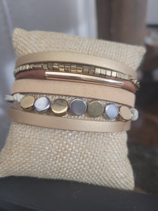 Magnetic Clasp Multiple Strand Leather designer cuff- Nude