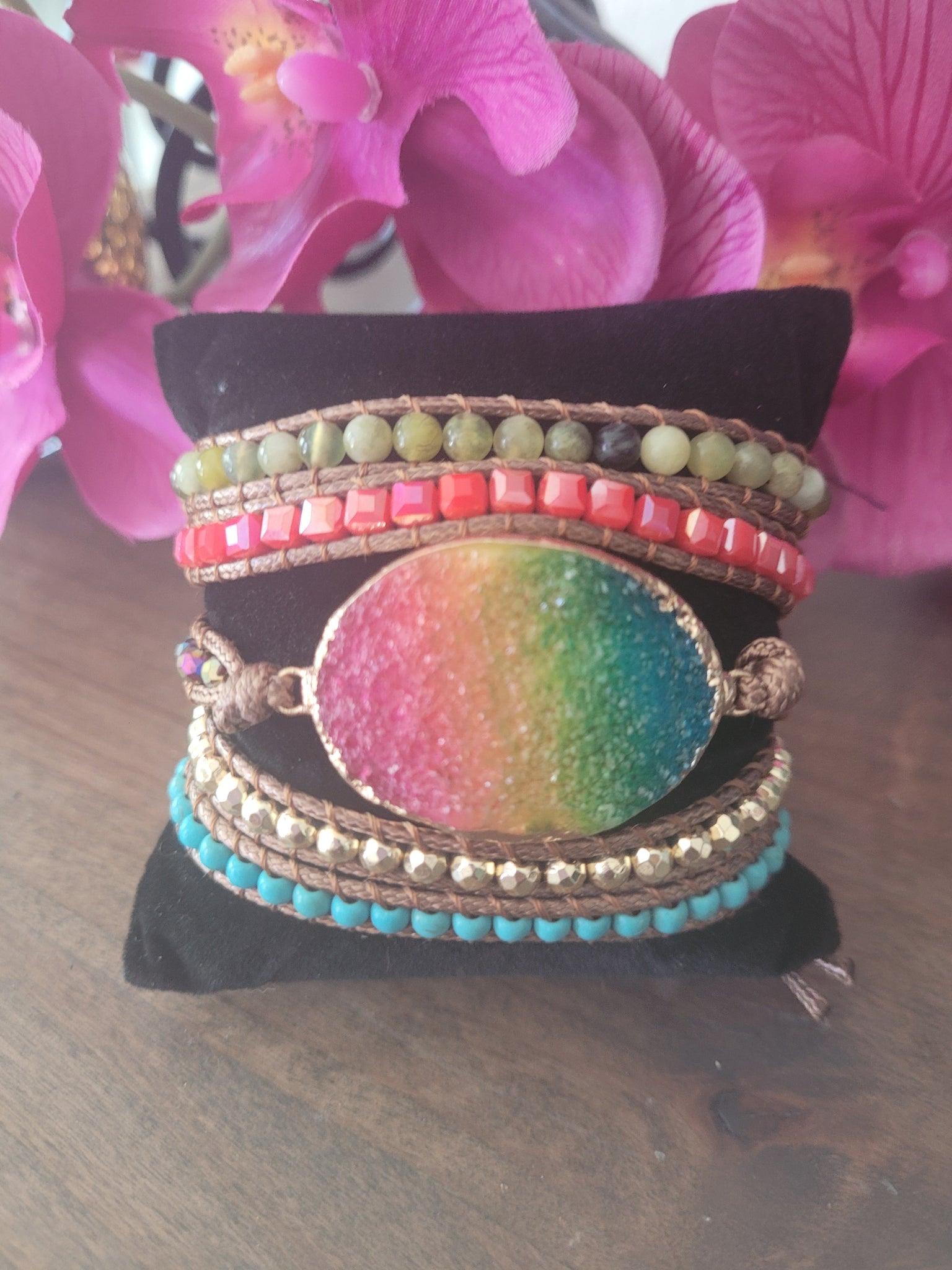 Rainbow colored Quartz 5 wrap Leather Bracelet