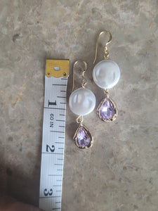 White Coin Pearl and faceted Amethyst drop earrings