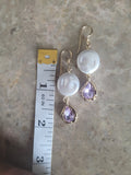 White Coin Pearl and faceted Amethyst drop earrings