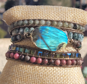 Natural Teal Blue Flash Labradorite Natural Stone Wrap Bracelet