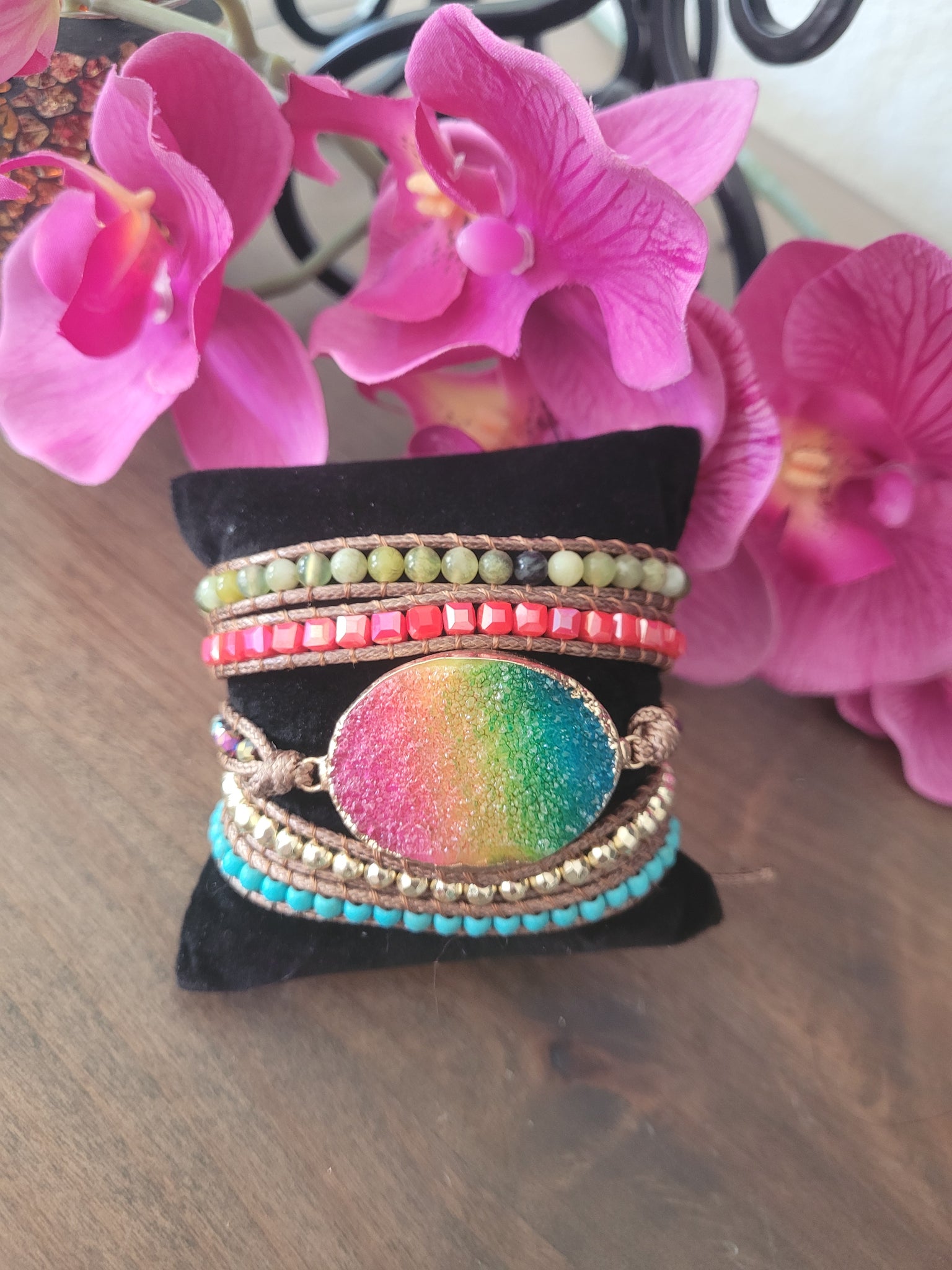 Rainbow colored Quartz 5 wrap Leather Bracelet