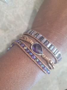 Amethyst Natural Stone and leather cord 3 Wrap Bracelet