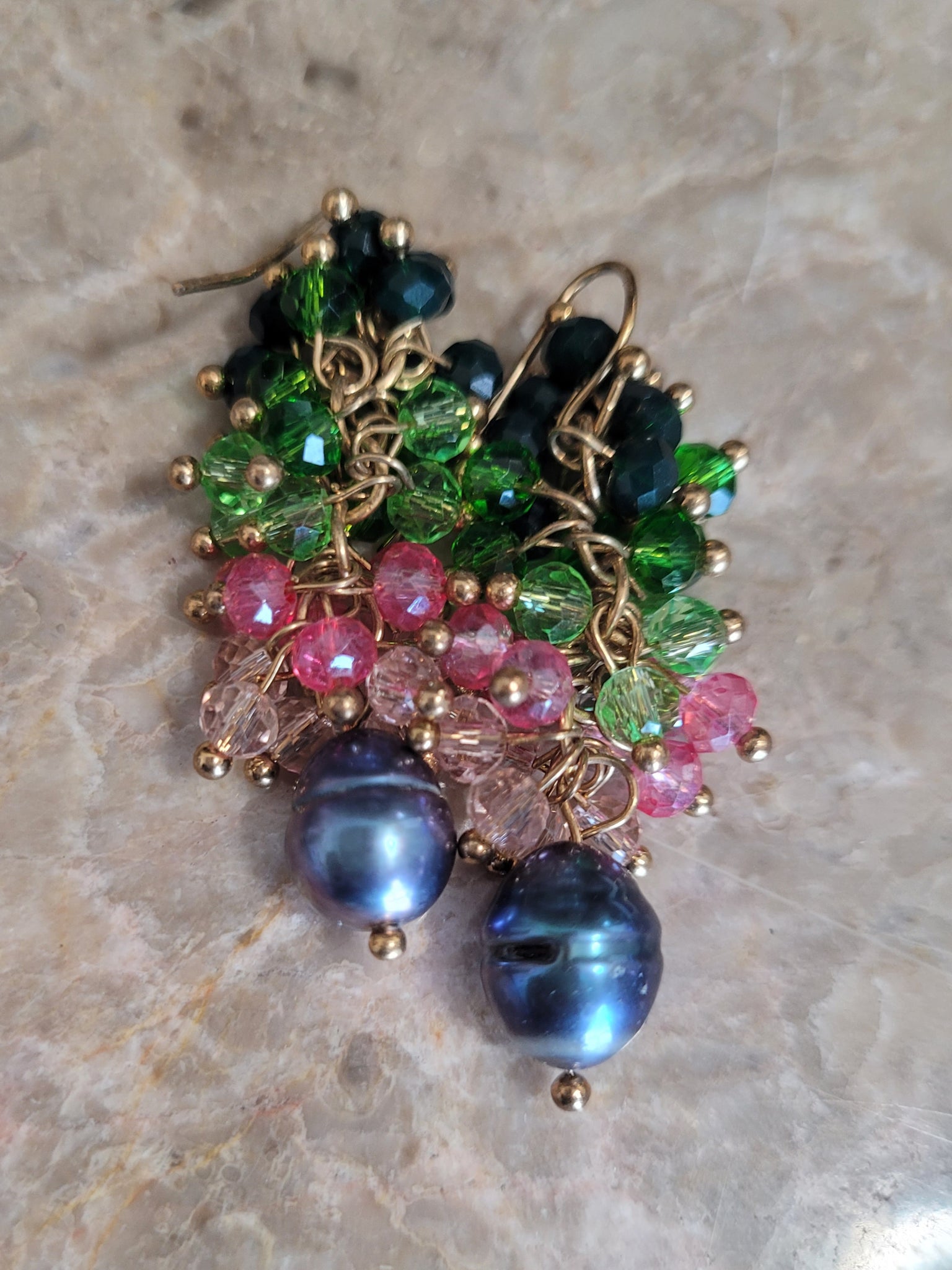 Cluster Crystal and Natural Black Pearl Earring