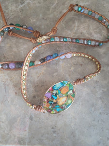 Colorful Mosaic Variscite Natural Stone 3 Wrap Bracelet