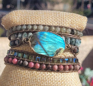 Natural Teal Blue Flash Labradorite Natural Stone Wrap Bracelet