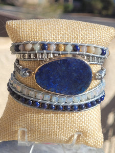 Lapis Lazuli and Opalite beaded unisex wrap bracelet