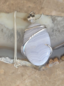 Large Oval Shape Blue Lace Agate Natural Stone Pendant Necklace, Handmade Sterling Silver