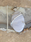 Large Oval Shape Blue Lace Agate Natural Stone Pendant Necklace, Handmade Sterling Silver