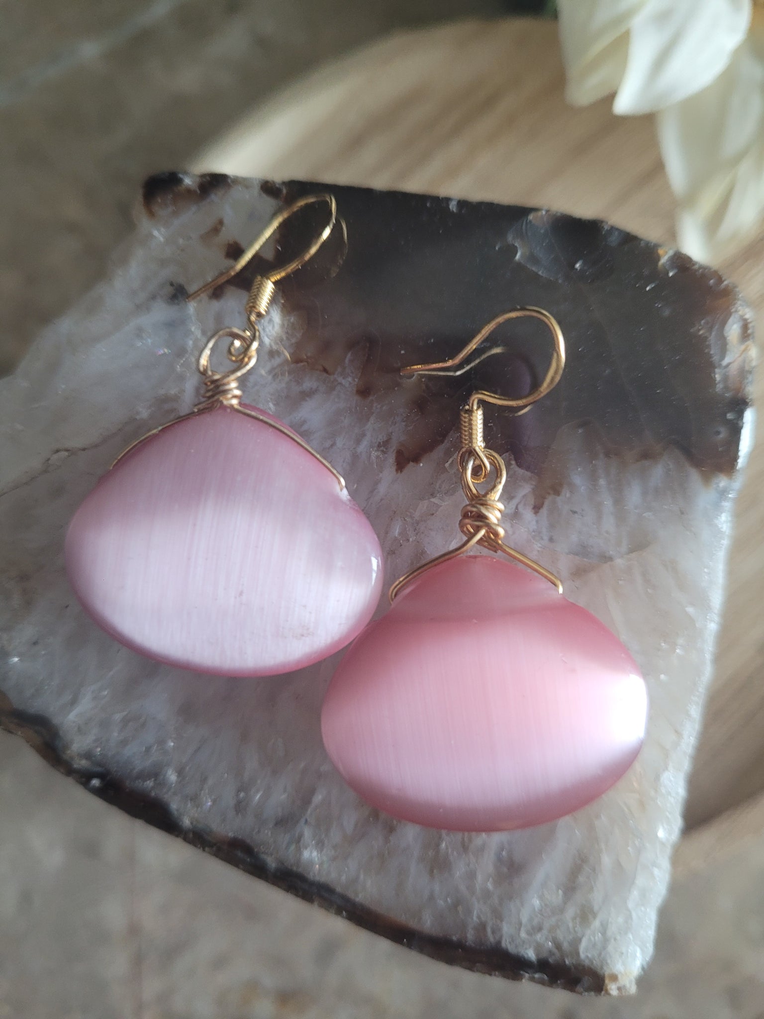 Large Pink Cats Eye Earrings, Fiber Optic Pink Earrings