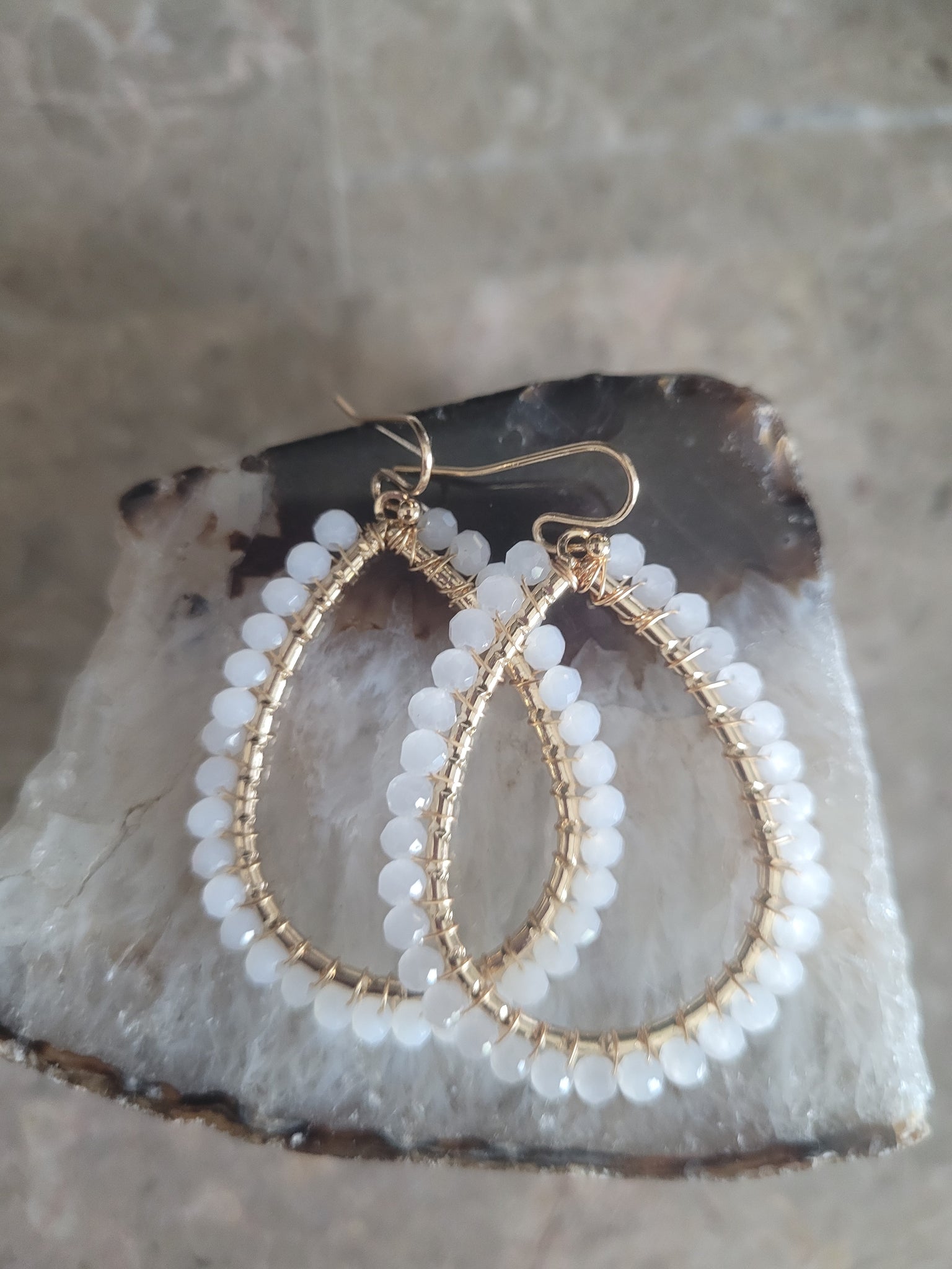 Beaded White Opalite Crystal Tear Drop Earrings