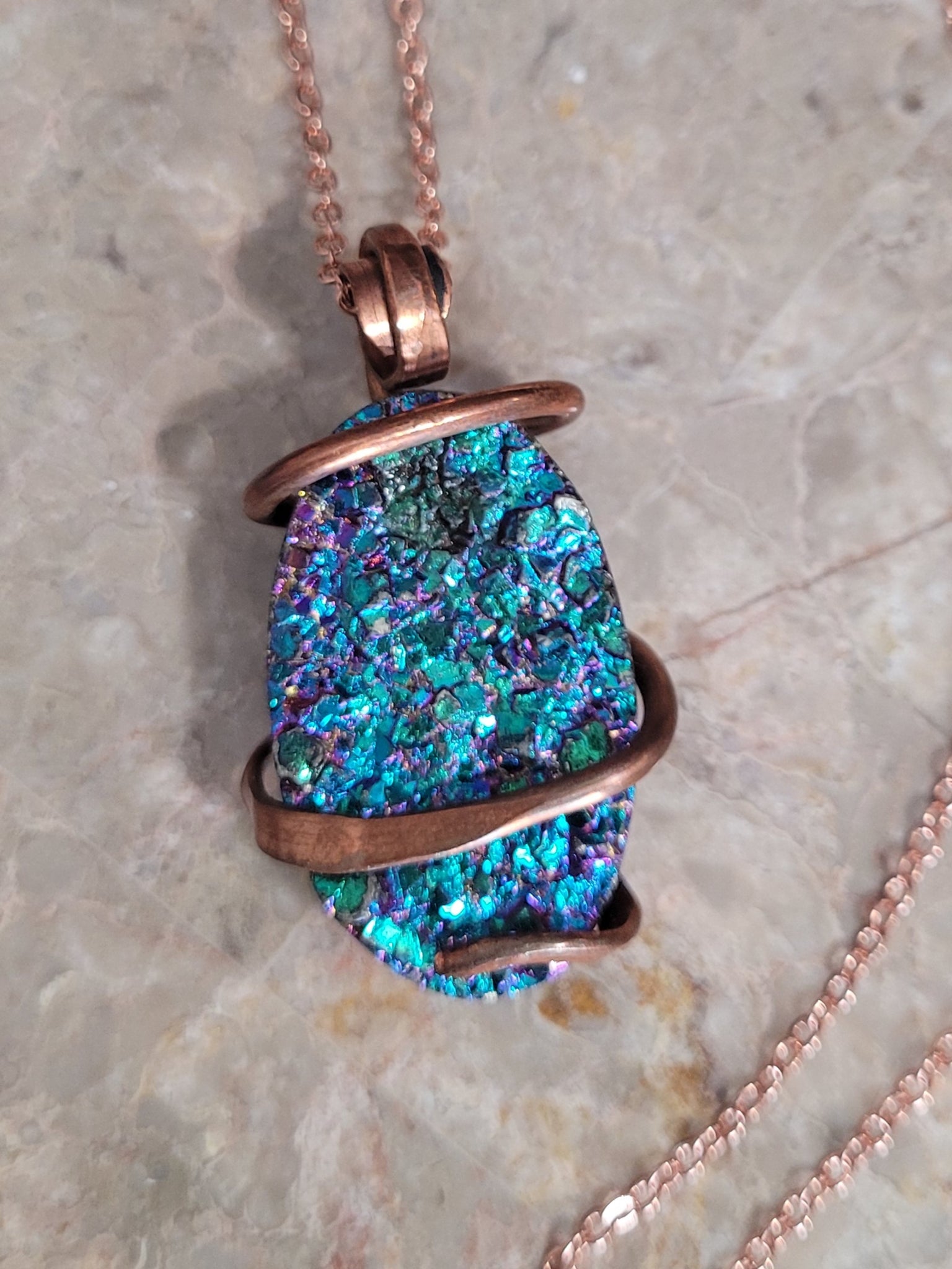 Teal Blue Rainbow Titanium Aura Oval Wire Wrap Sterling Silver