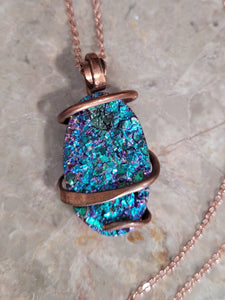 Teal Blue Rainbow Titanium Aura Oval Wire Wrap Sterling Silver