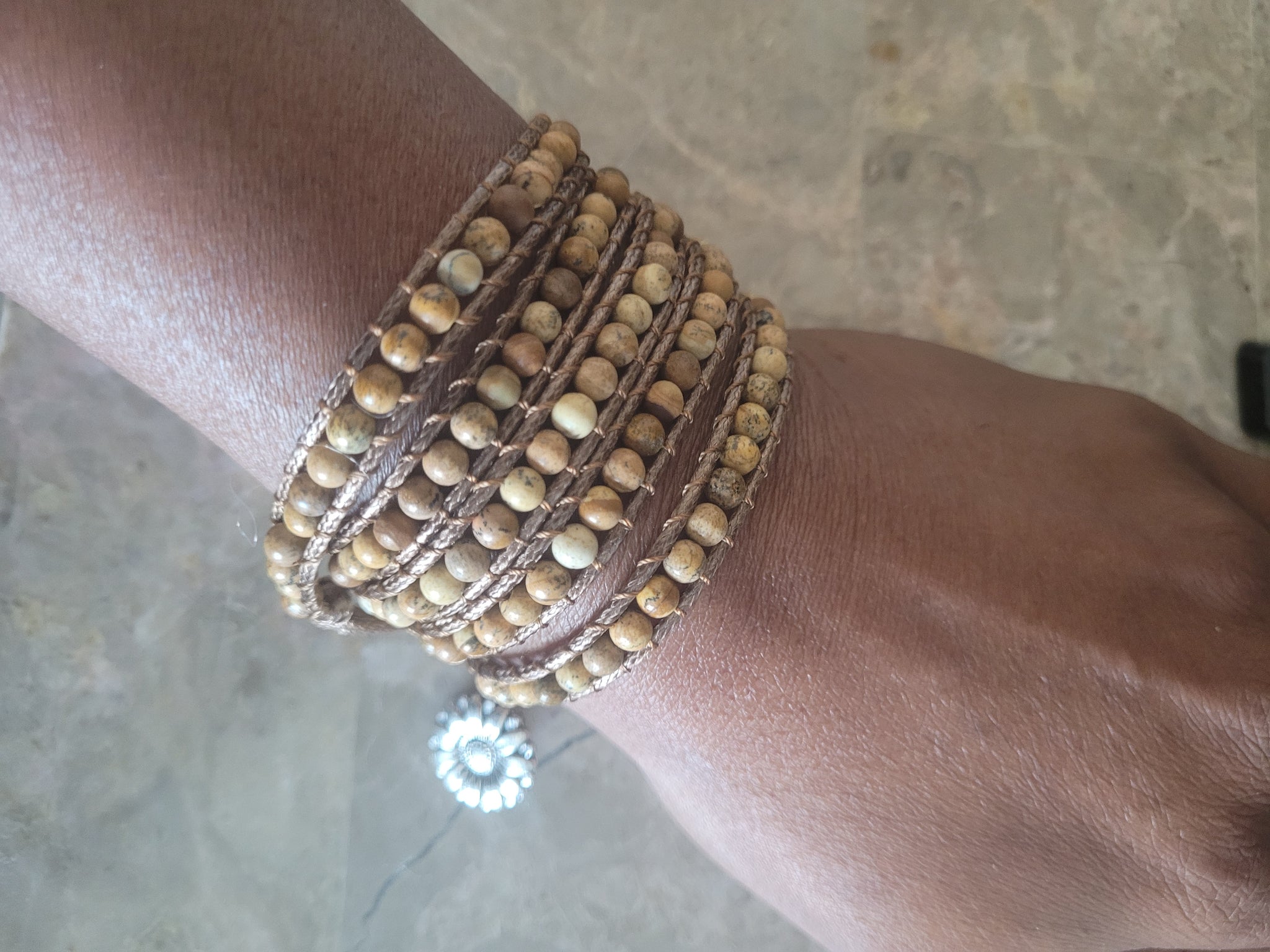 4mm Beaded Sandstone Jasper 5 layer leather wrap bracelet