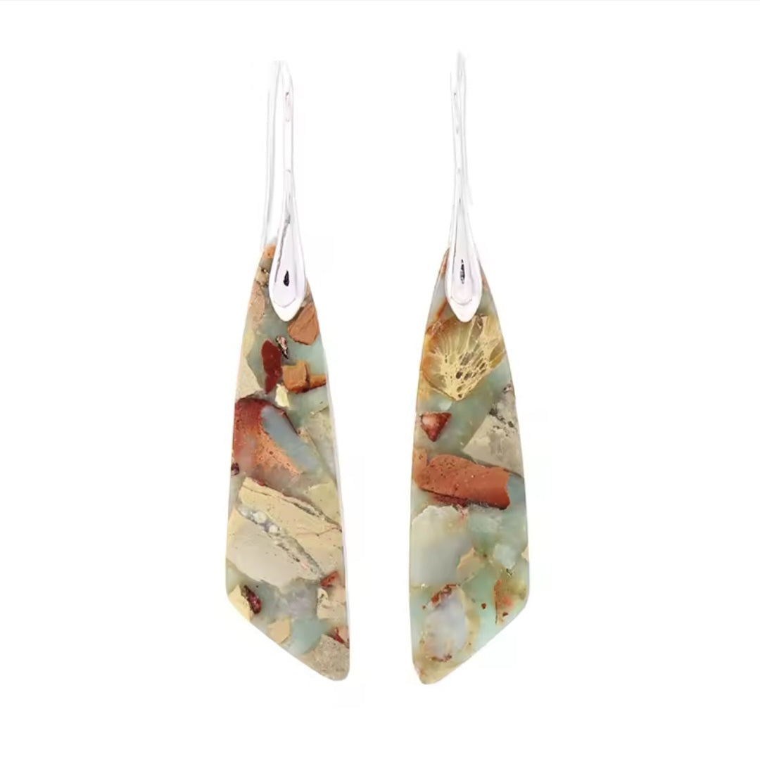 Sea Sediment, Imperial Jasper Natural Stone Earrings - Irregular Shape (Silver/Gold)