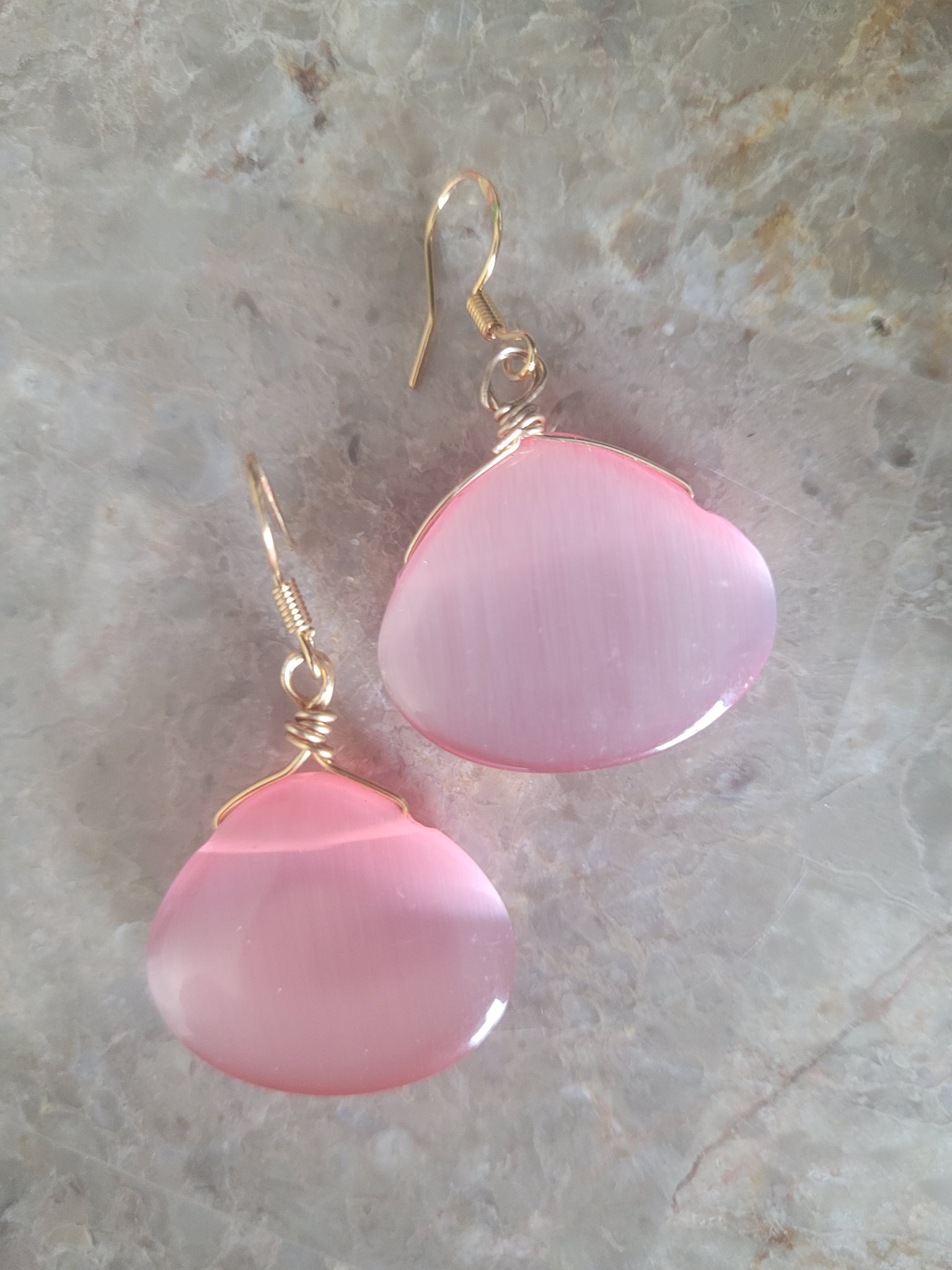 Large Pink Cats Eye Earrings, Fiber Optic Pink Earrings