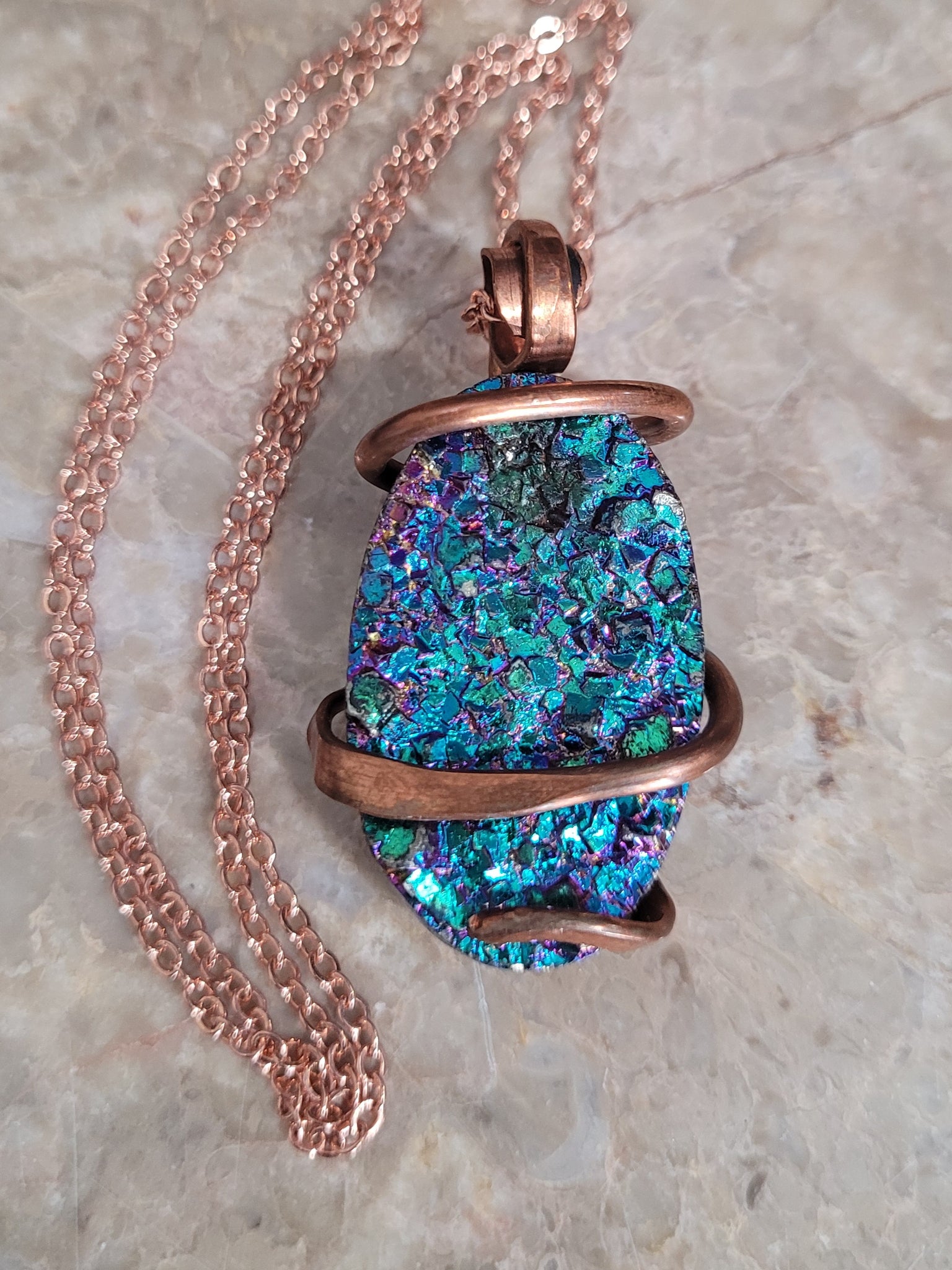 Teal Blue Rainbow Titanium Aura Oval Wire Wrap Sterling Silver