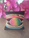 Rainbow colored Quartz 5 wrap Leather Bracelet