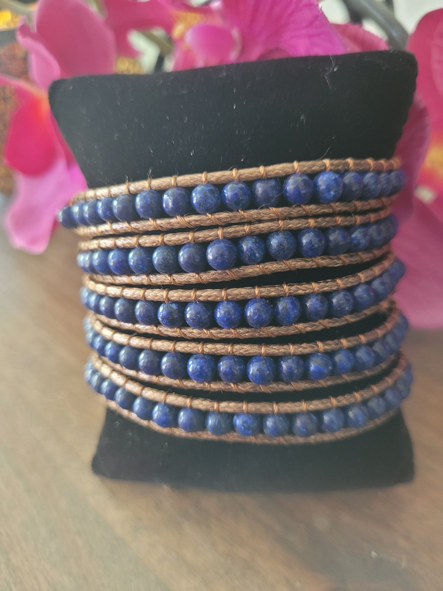 4mm Beaded Lapis multi Layer Wrap Leather Bracelet