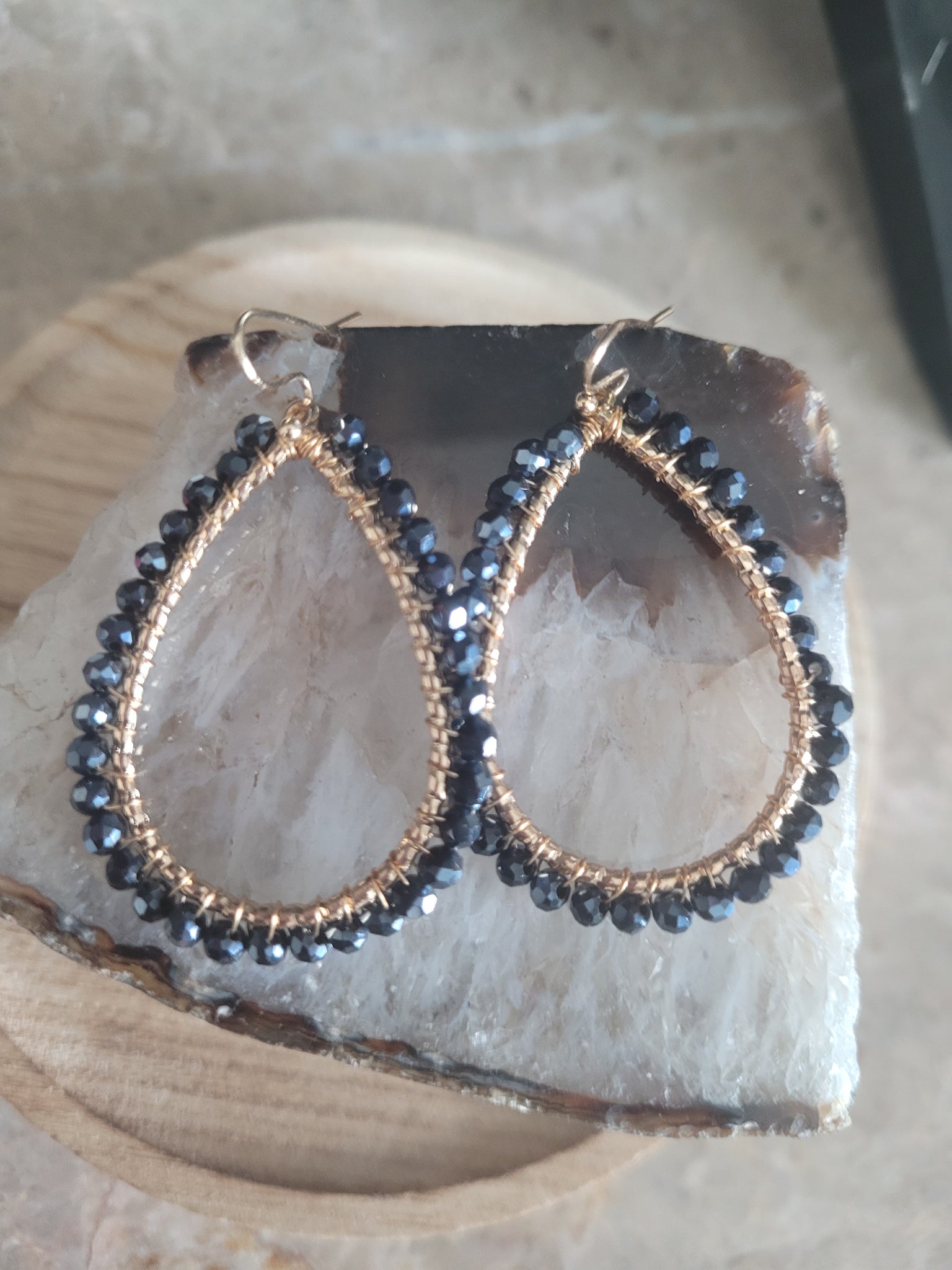 Beaded Charcoal Grey Crystal Tear Drop Earrings