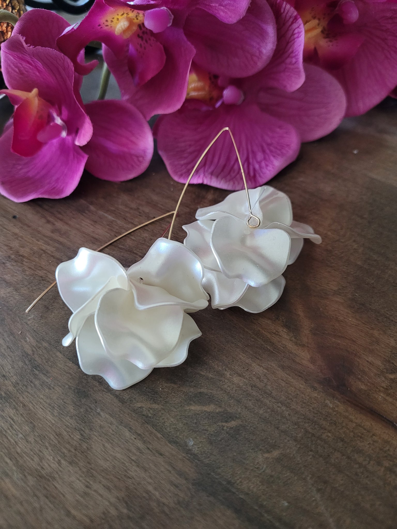 White Petal Floral Ball Long Drop Earrings
