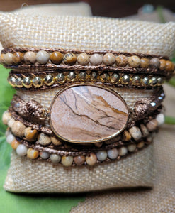 Sandstone Jasper 5 wrap unisex leather bracelet